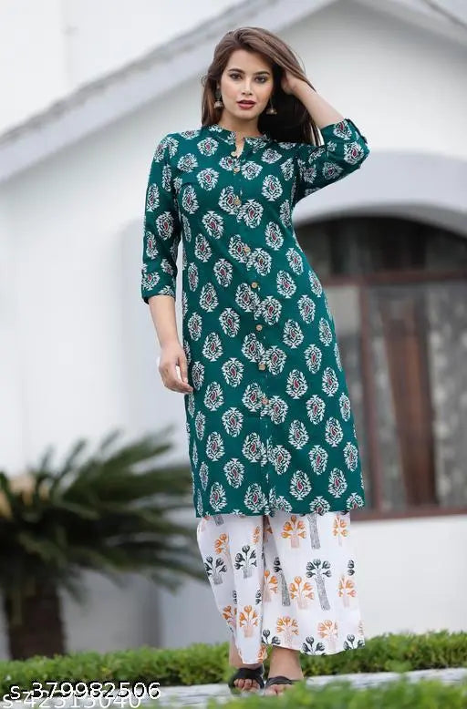 Rayon printed kurti and palazzo SET, three-quarter sleeves, vibrant Indian fashion accessory