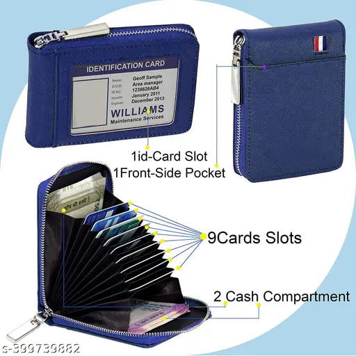 Blue DALUCI PU leather men's wallet with 9 card slots, money compartment, and zipper coin purse