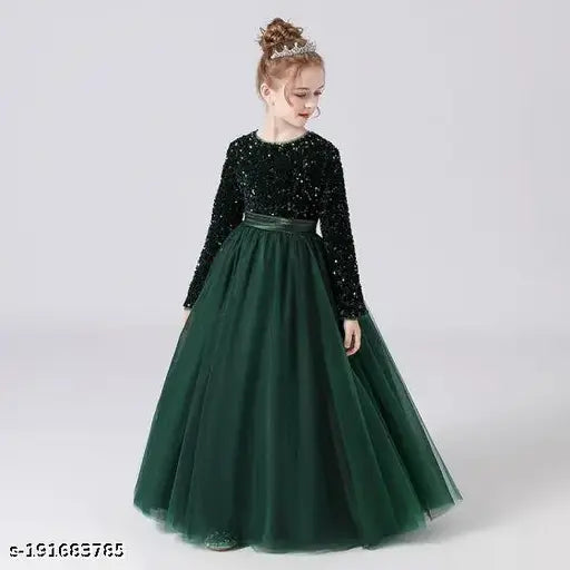 Green net fabric kids frock dress for girls, embellished sequin work on velvet top and soft touch nylon net bottom, full sleeve gown type, partywear, various sizes from 4-16 years