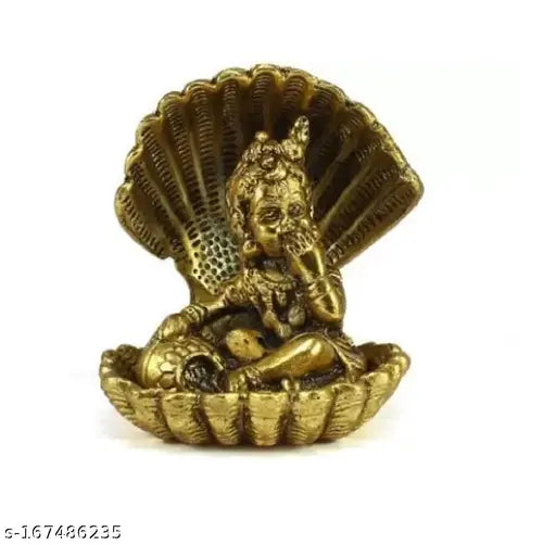 Krishna with Sheshnag Ladoo Gopal Golden Bal, intricately carved metal idol, 10cm x 10cm x 10cm, Indian craftsmanship