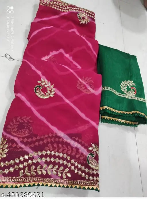 Green and red peacock embroidery sari with matching skirt