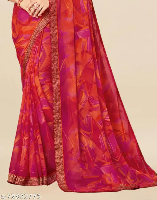 Hot Pink Chiffon Printed Multi Saree, free size, India origin