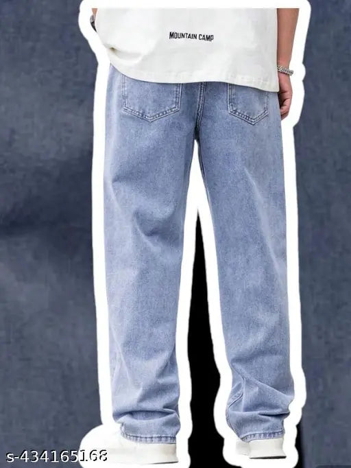 Men's light blue cotton baggy, solid pattern, versatile men's clothing item in various sizes (28, 30, 32)