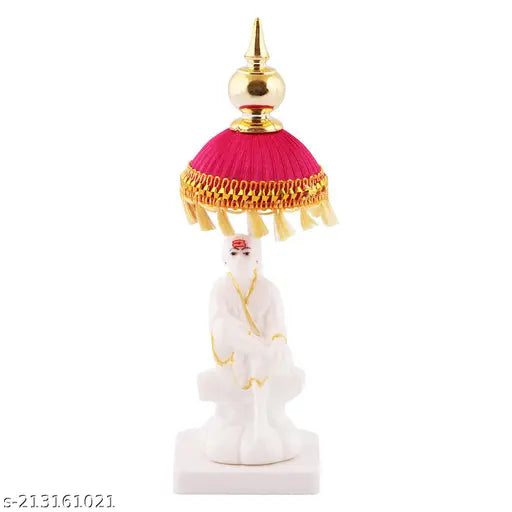 Marble Sai Baba Idol with Red-Yellow Umbrella Stand, Indian Hindu God statue (2.5"L x 7"H)