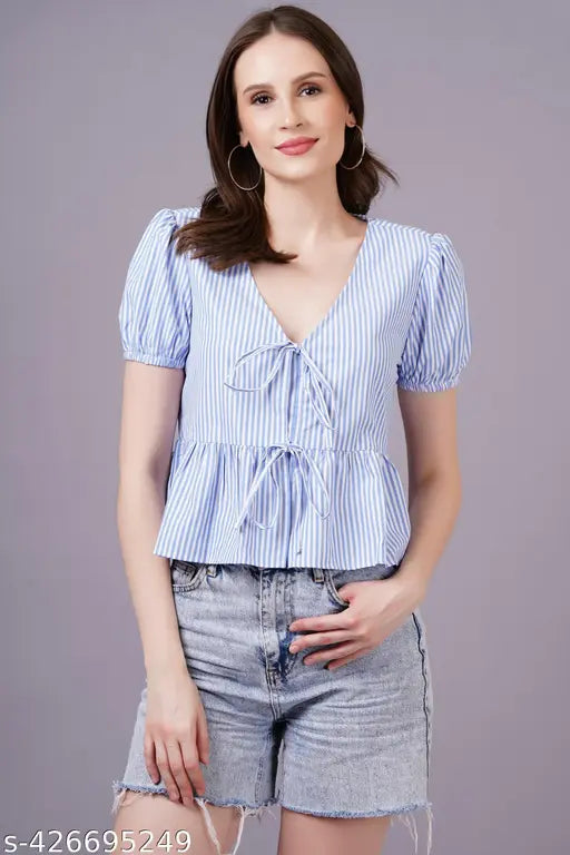 Blue polycotton striped A-line blouse with V neck, half sleeve for women