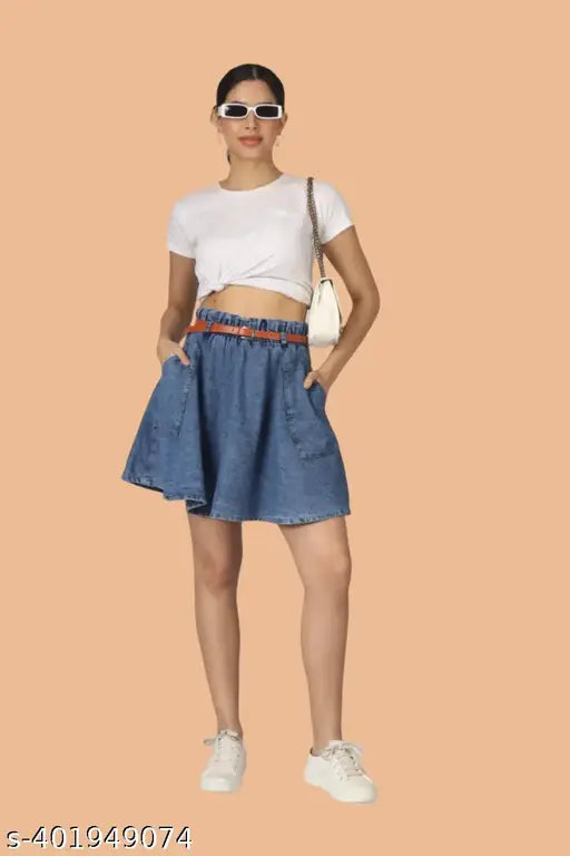 Stylish denim dark blue mini short skirt with belt and pockets for women & girls