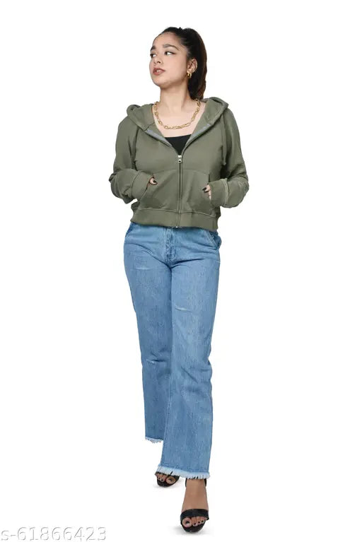 Olive cotton zipper crop jacket with drop shoulder and hood, 100% cotton fleece, biodegradable casual wear