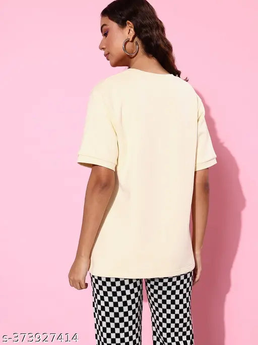 Off-white cotton oversized sweatshirt for women, short sleeves, solid design - Indian origin