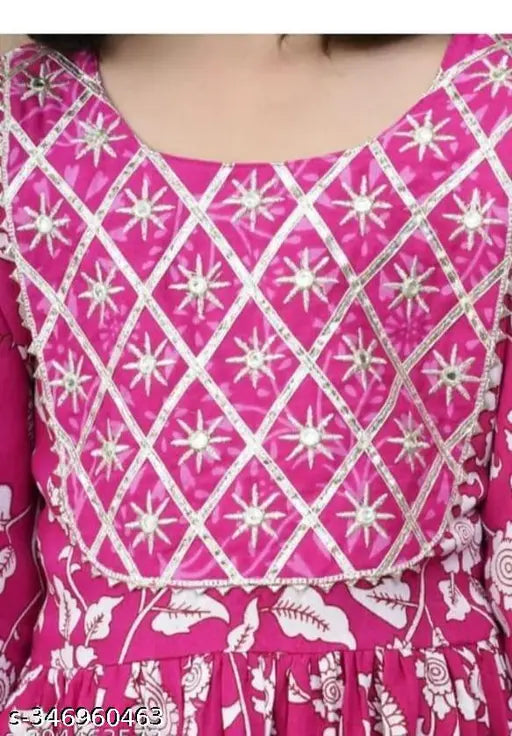 Rayon anarkali girls' kurta set with dupatta and sharara bottom, pink embroidered top, three-quarter sleeves, and printed design. Set includes sizes for ages 5-6 years, 7-8 years, 9-10 years, and 11-12 years, originating from India