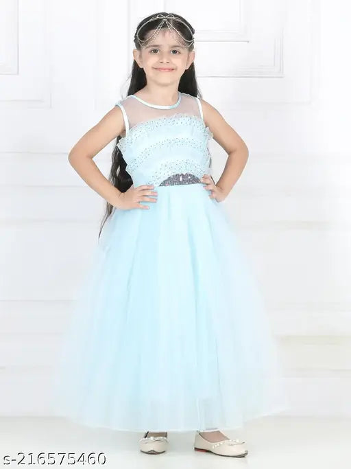 Sky blue hi-low net dress, embroidered toy balloon design for kids party wear