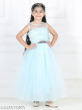 Sky blue hi-low net dress, embroidered toy balloon design for kids party wear
