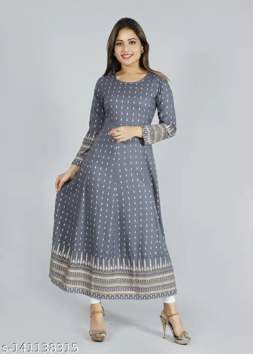 Grey rayon Anarkali Kurti with gold prints, comfortable long-sleeved women's Indian fashion wear from Faheeman Garments