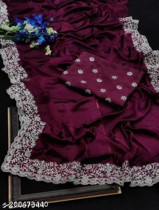 Georgette embroidered purple saree with separate dupion silk blouse, trending Bollywood style for women's festive wear and parties