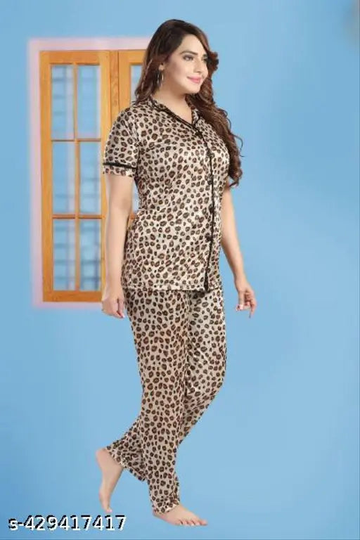 Stylish velvet satin night suit with three-quarter sleeves for women and girls, printed design on Indian-made pyjamas set