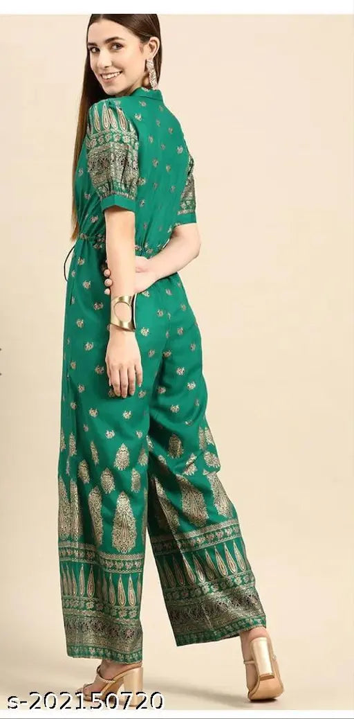 Mintra green viscose rayon jumpsuit with short sleeves and printed net pattern, size XXL for women, India origin