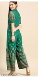 Mintra green viscose rayon jumpsuit with short sleeves and printed net pattern, size XXL for women, India origin