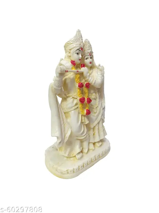 Cream resin Lord Radha Krishna statue, intricately crafted, 8-inch tall Hindu deity figurine for home or office