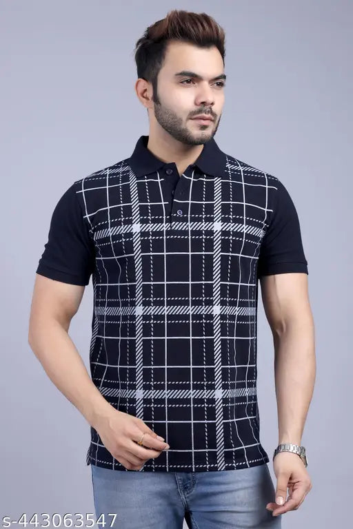 Mens cotton short-sleeve polo tshirt with printed design, featuring stylish print on chest, size S for chest 19in and length 27.5in