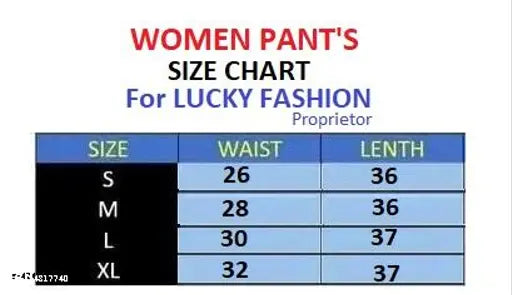 This is an image of a chart. The text in the image provides information about sizing options for women's pants, including waist size and length. It also indicates that this chart is specifically for cargo pants with high rise and regular use, suitable for both casual wear and combo outfits. The visible attributes include different sizes (S, M, L) and lengths (Regular Use and Casual Wear). The brand name "Women's Pant's" is also present in the image