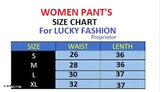 This is an image of a chart. The text in the image provides information about sizing options for women's pants, including waist size and length. It also indicates that this chart is specifically for cargo pants with high rise and regular use, suitable for both casual wear and combo outfits. The visible attributes include different sizes (S, M, L) and lengths (Regular Use and Casual Wear). The brand name "Women's Pant's" is also present in the image