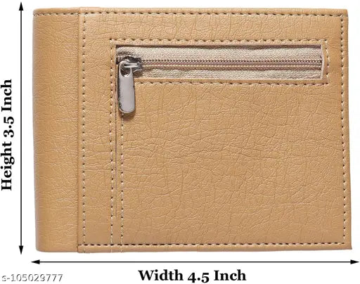 Beige PU leather men's wallet with album design, card slots, and front chain coin pocket - Durable accessory for everyday use