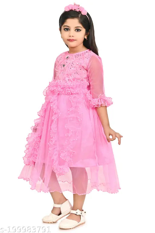 Cotton net partywear frock, pink and white color for kids, sizes 6-12, 12-23, 23-34, 34-45, 45-56, 56-67, 67-78 years, suitable for girls