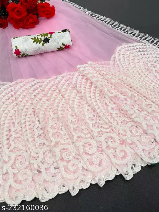 Blue net embroidery work saree with separate embroidered satin blouse, Indian traditional wear on mannequin