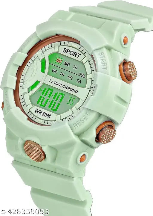 Green silicone digital watch with multiple buttons and a large display
