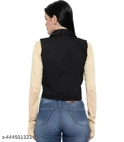 Black denim sleeveless collar neck women's regular jacket from Fannox Enterprises, solid design, India origin