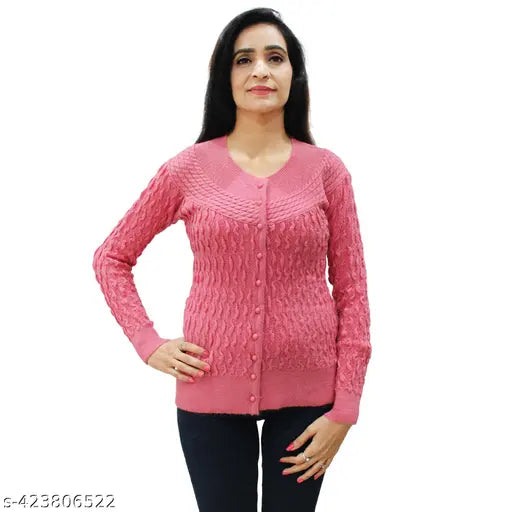 Women's wool full-sleeve round neck cardigan, solid design in natural warm tones