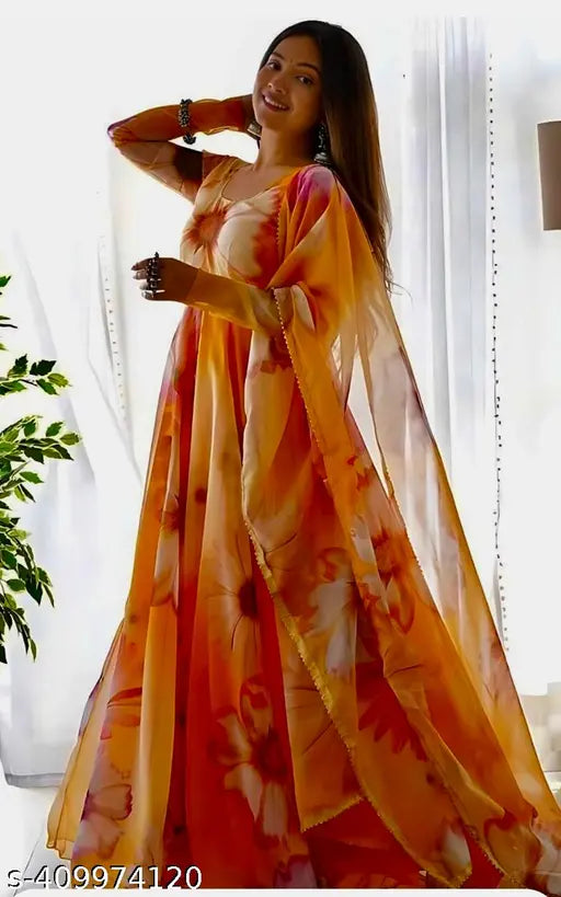 Yellow georgette collared gown for women's wedding wear, printed net with button and bow detail, high quality, breathable fabric