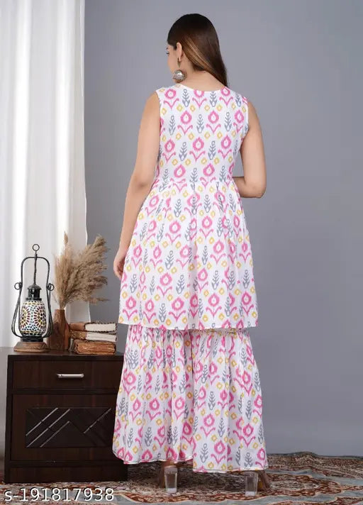 Womens long rayon embroidered kurta with sharara pants, vibrant printed dupatta set