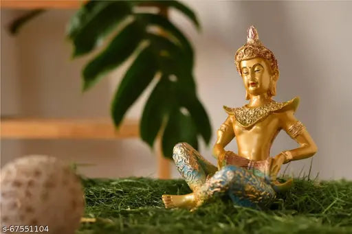 Light Blue Polyresin Lucky Sitting Buddha playing Dholak for Wealth Prosperity, home/office decorative showpiece (22 cm)