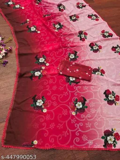 Red and pink saree with floral embroidery