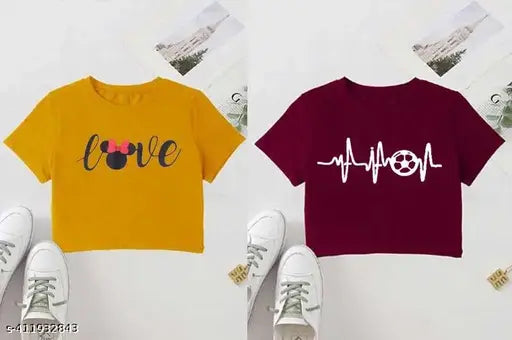 Cotton NGFashion women's printed crop t-shirt combo, short sleeves, size options: S-XL