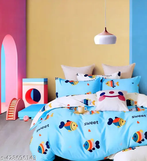 Cartoon cotton blend bedsheets set, 1 Queen & 1 Double size, with matching pillowcovers, Indian-made decor for home