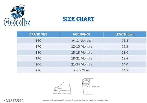 Coolz Kids sound musical shoes, black and white, size chart, color range from 0-9 months, 13.5cm length, 3D design, suitable for baby boys and girls