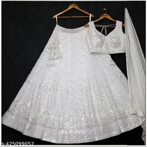 Embellished Georgette Lehenga Choli and Dupatta set, Semi Stitched (43in waist, 43in length), India