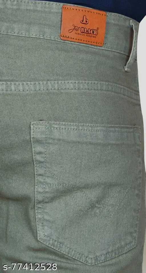 Black cotton men's jeans, solid pattern, light olive color, regular fit, sizes 28 & 40 on display