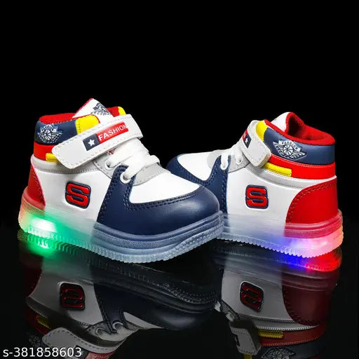 The image shows a pair of N2Pro LED light stylish shoes. These are designed for kids and boys, with cool red and blue neon accents. The shoes have a modern design with white soles and laces, and they feature a unique and innovative LED light on the bottom