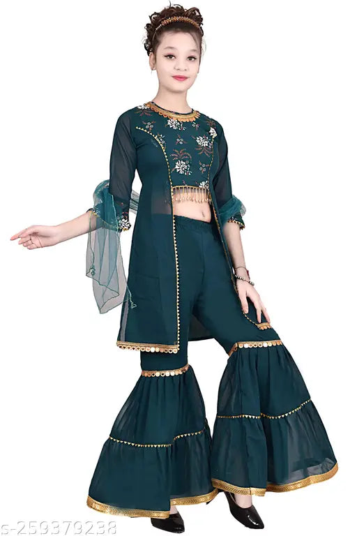 Green floral printed Anarkali Sharara & Dupatta set for girls, ethnic kids wear in Georgette. Elastic waist and three-quarter sleeves. Bestselling Indian party wear." (123 characters)