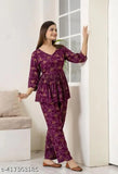 Wine premium rayon women's co-ord set: printed elegant top & pants with trendy pocket, comfy for lounging