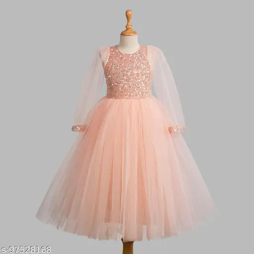 Peach net party dress for kids, embellished sleeve detail, 1-2 years size