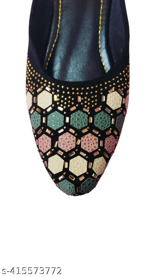 Multicolor embellished mesh Rajasthani Jutti - Women's ethnic flat slip-on Mojari Juttis, available in sizes IND-4 to IND-8