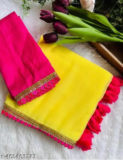 Lemon yellow Georgette saree for special occasions, high-quality Indian Georgette fabric with separate Bangalori silk blouse