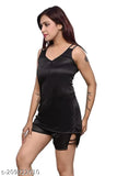 Black satin sleepwear set, women's solid night suit top and shorts for lounge wear and nightdress
