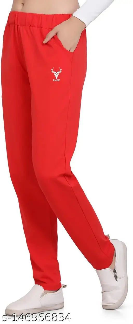 Red women's jogging pants with zip closure