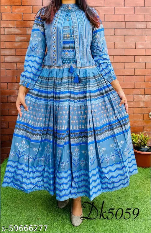 Rich, gold-printed Rayon Anarkali Kurti with jacket, featuring three-quarter sleeves and drawstring waist. Sanganer, Jaipur origin. Perfect for special occasions or everyday wear