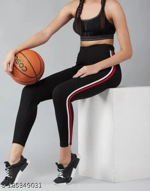 Striped Lycra leggings, ankle-length workout trousers in white, stretchable striped jeggings for women and girls, free size 28-44 inches