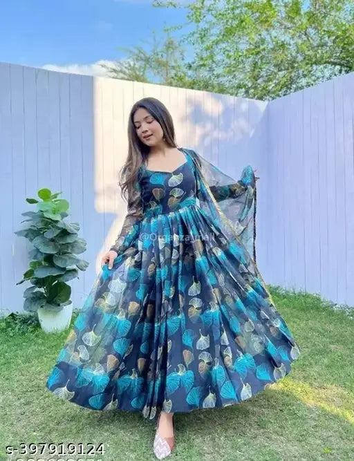Multicolor Georgette flared kurta with attached dupatta, featuring breathable, high-quality fabric and intricate block print design. Ideal for parties, festivals, or casual events